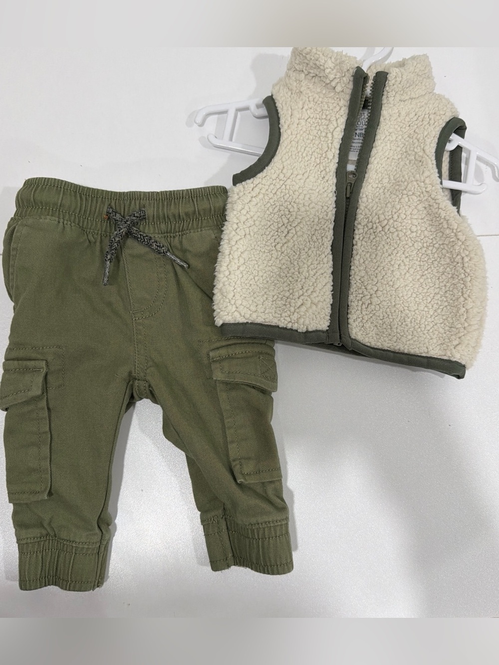 Baby Sherpa Vest and Cargo Pants - Cream & Olive